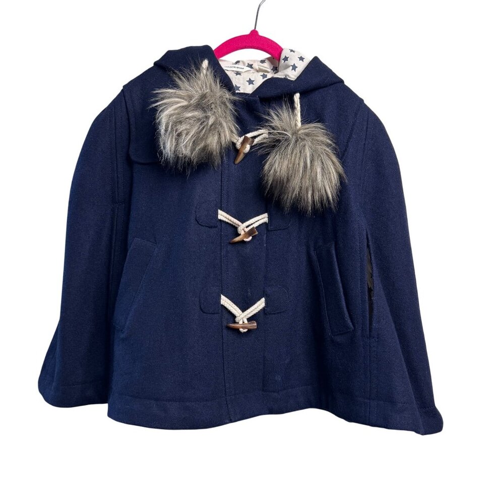 COUNTRY ROAD Wool Hooded Cape Girls 5 Navy Blue Winter Coat Faux Fur Pom Ties
